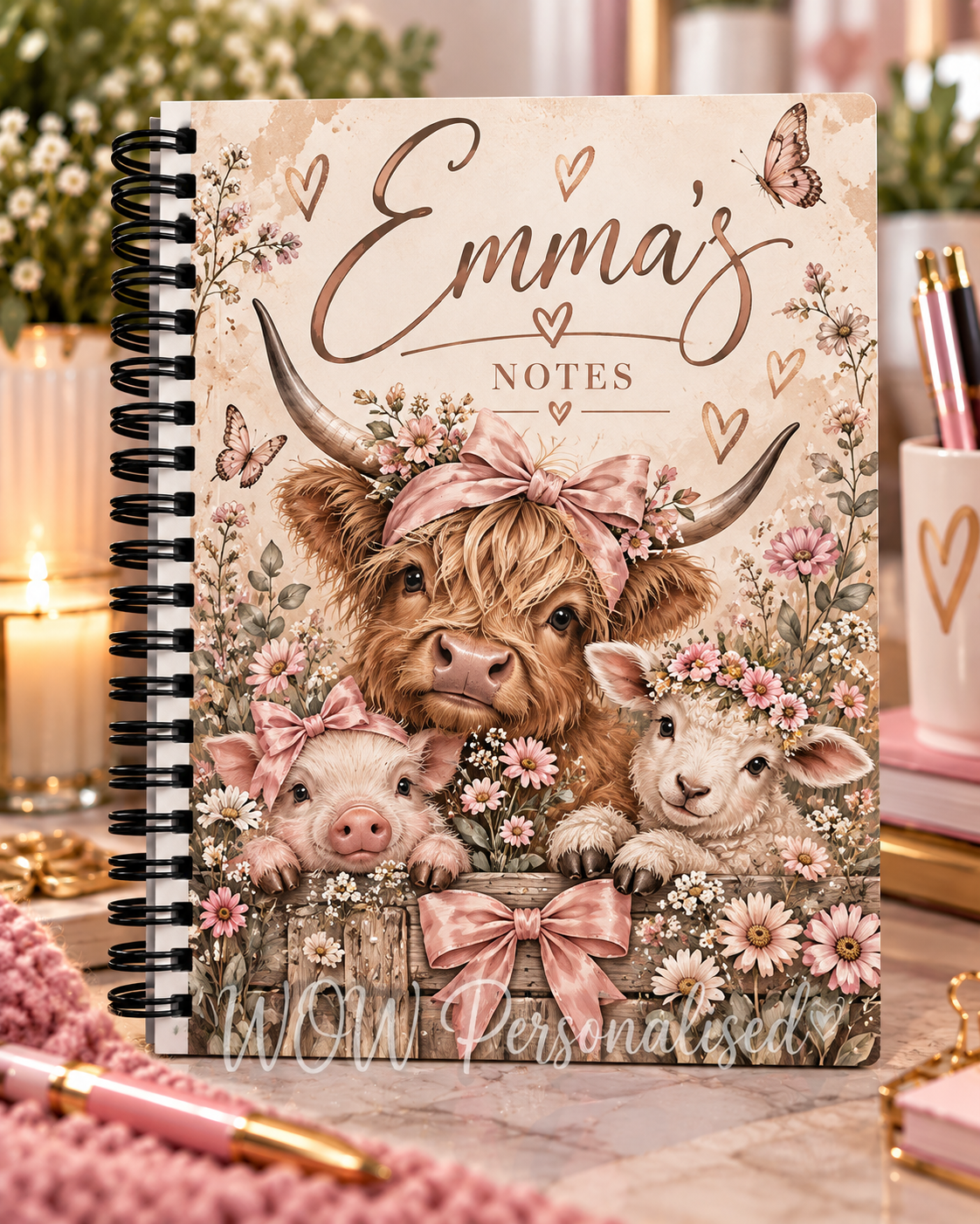 Personalised Highland Cow A4 Notebook | Custom Name Farm Animal Notebook