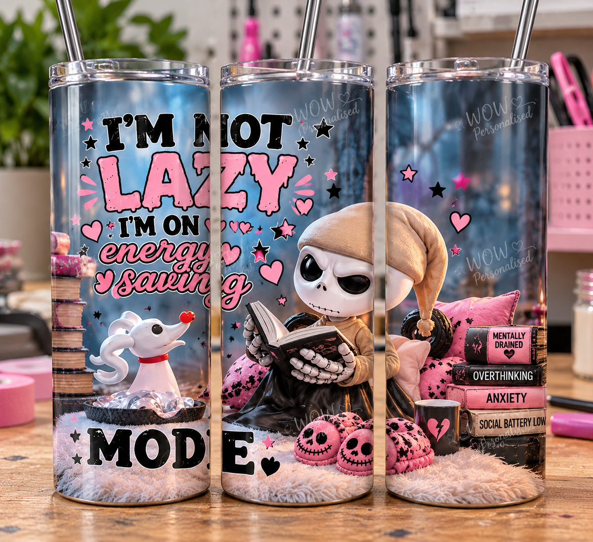 Iโm Not Lazy Iโm on Energy Saving Mode 20oz Skinny Tumbler | Cute Gothic Tumbler with Straw | Funny Alternative Gift
