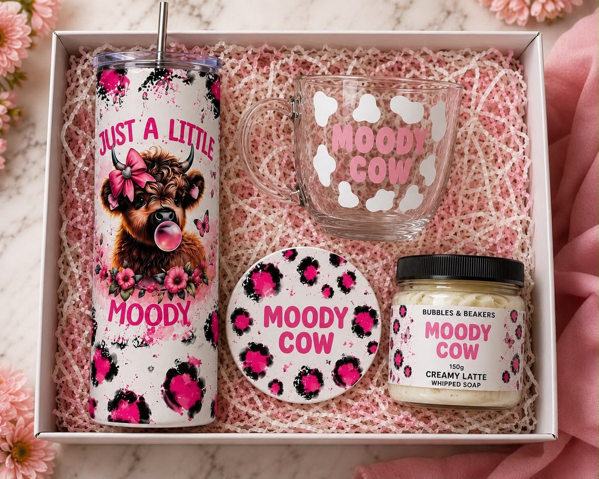 Moody Cow Gift Set โ Tumbler, Glass Mug, Coaster & Whipped Soap