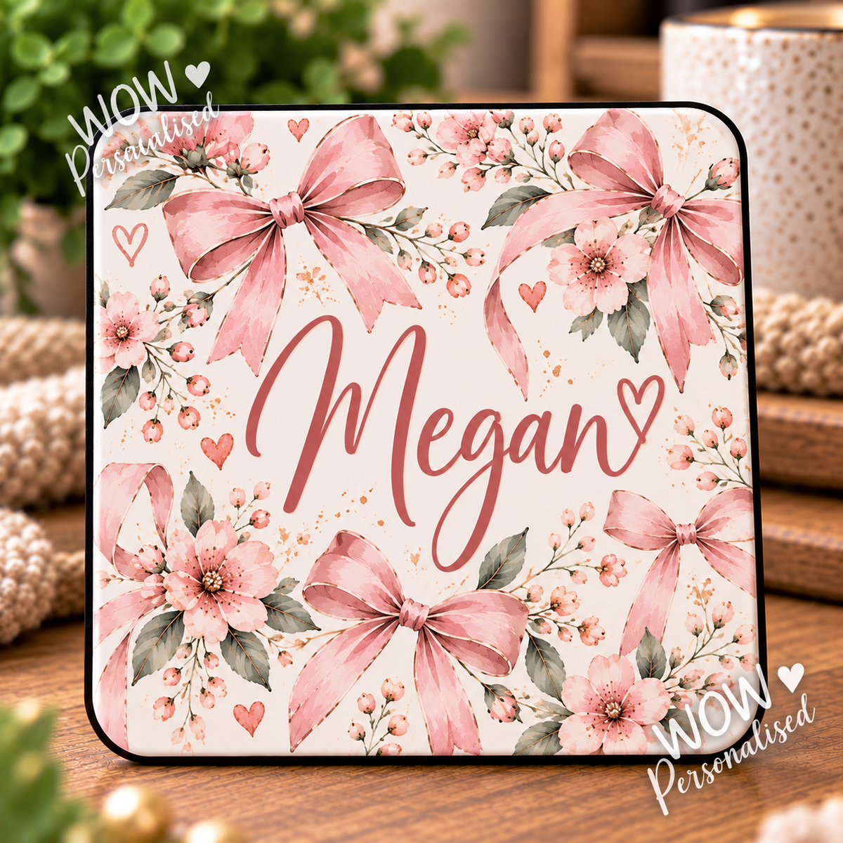 Personalised Pink Bow & Floral Coaster | Custom Name Gift