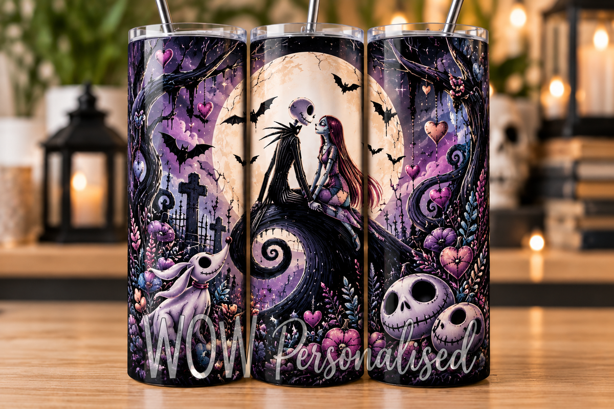 Gothic Skeleton Couple 20oz Skinny Tumbler | Purple Moonlit Romance