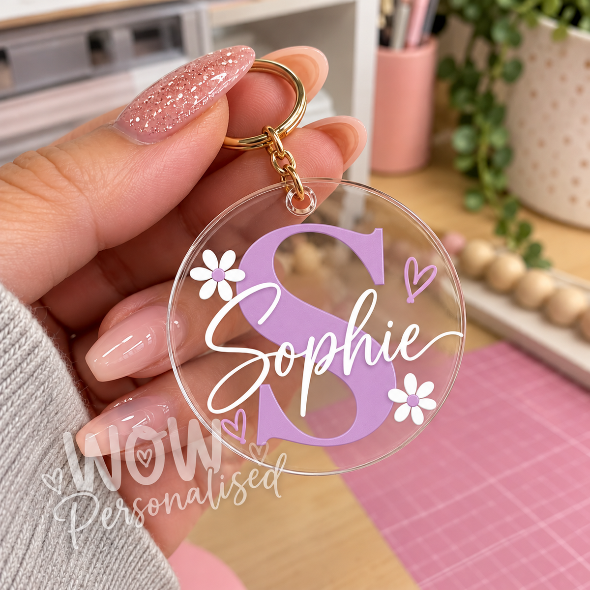 Personalised Initial & Name Acrylic Keyring | Custom Colour & Name | Cute Daisy Keychain Gift
