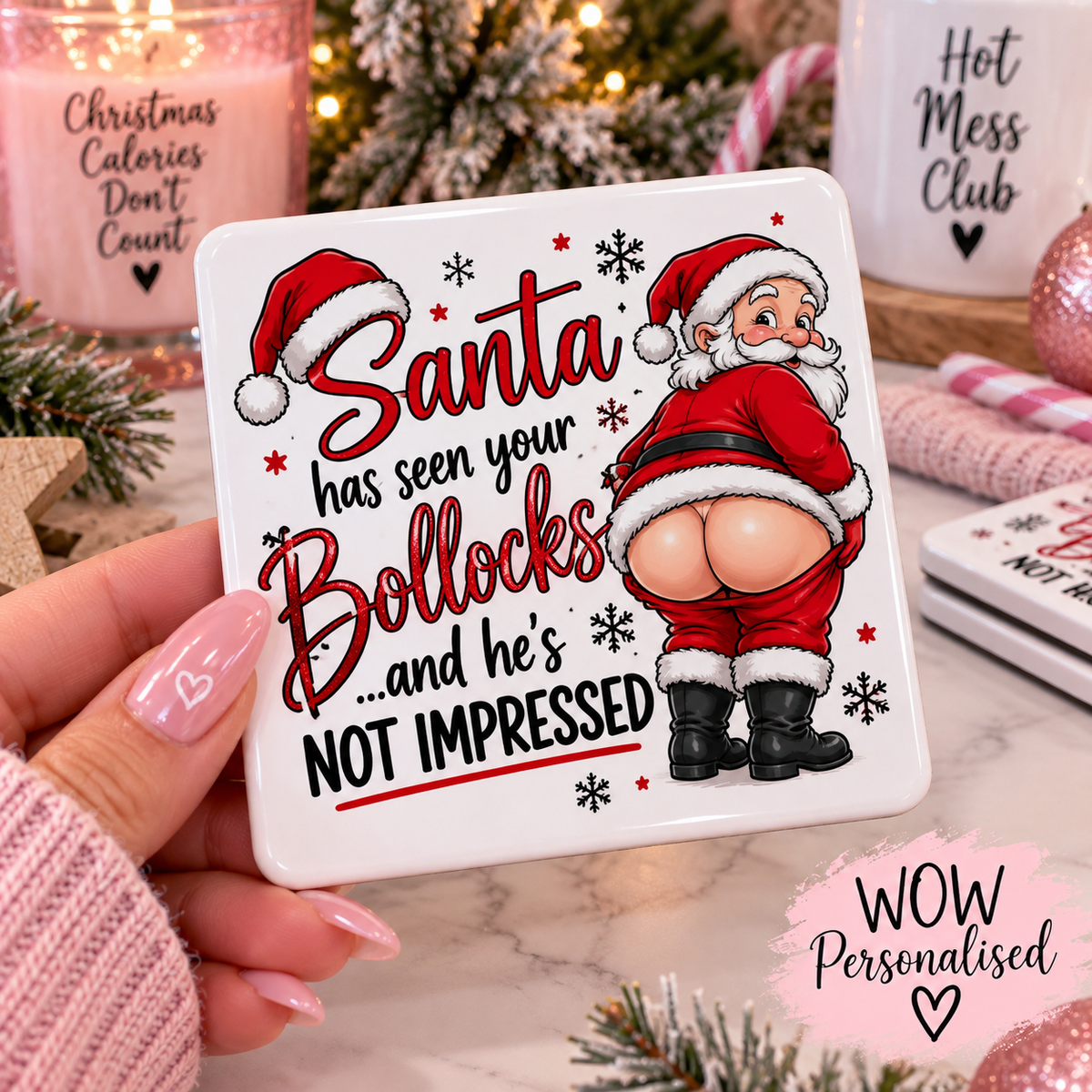 Funny Christmas Santa Coaster | Cheeky Adult Christmas Coaster | Novelty Secret Santa Gift