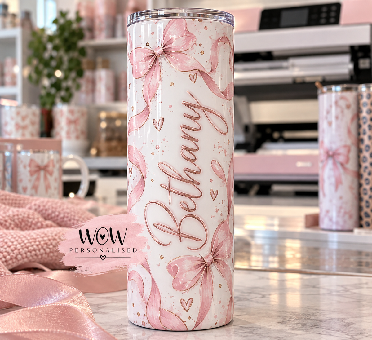 Personalised Pink Bow Tumbler – Custom Name 20oz Skinny Tumbler | Cute Bow Cup