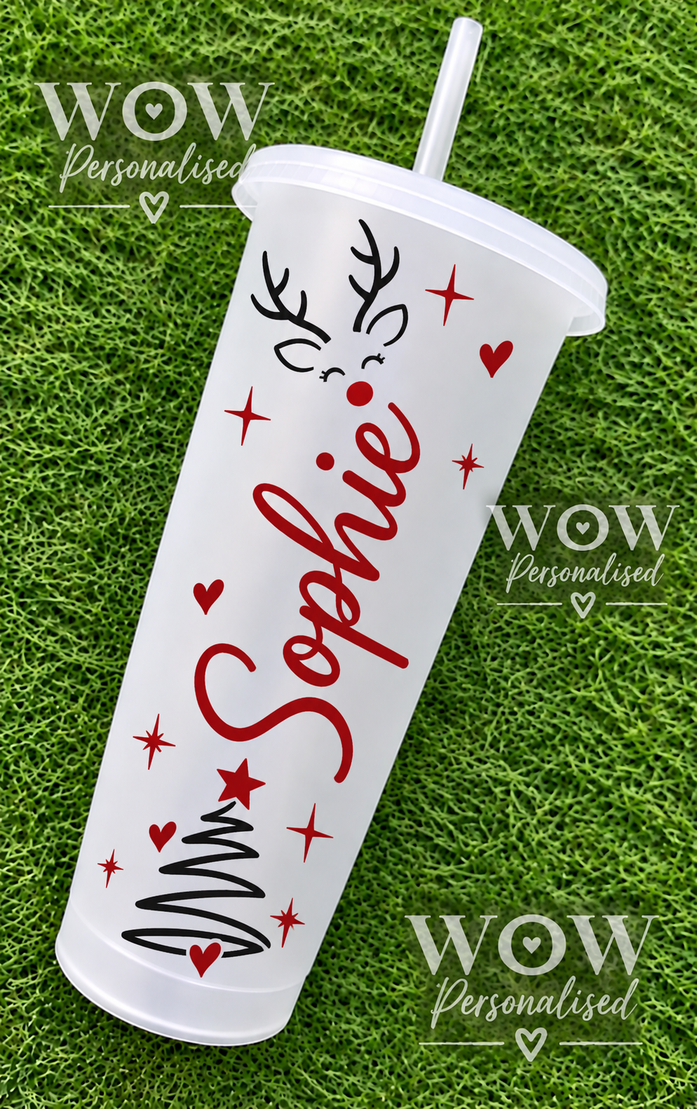 Personalised Reindeer Christmas Cold Cup with Straw | Custom Name Tumbler