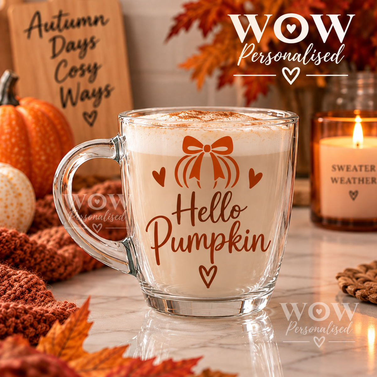 Hello Pumpkin Glass Mug | Autumn Cappuccino & Coffee Cup