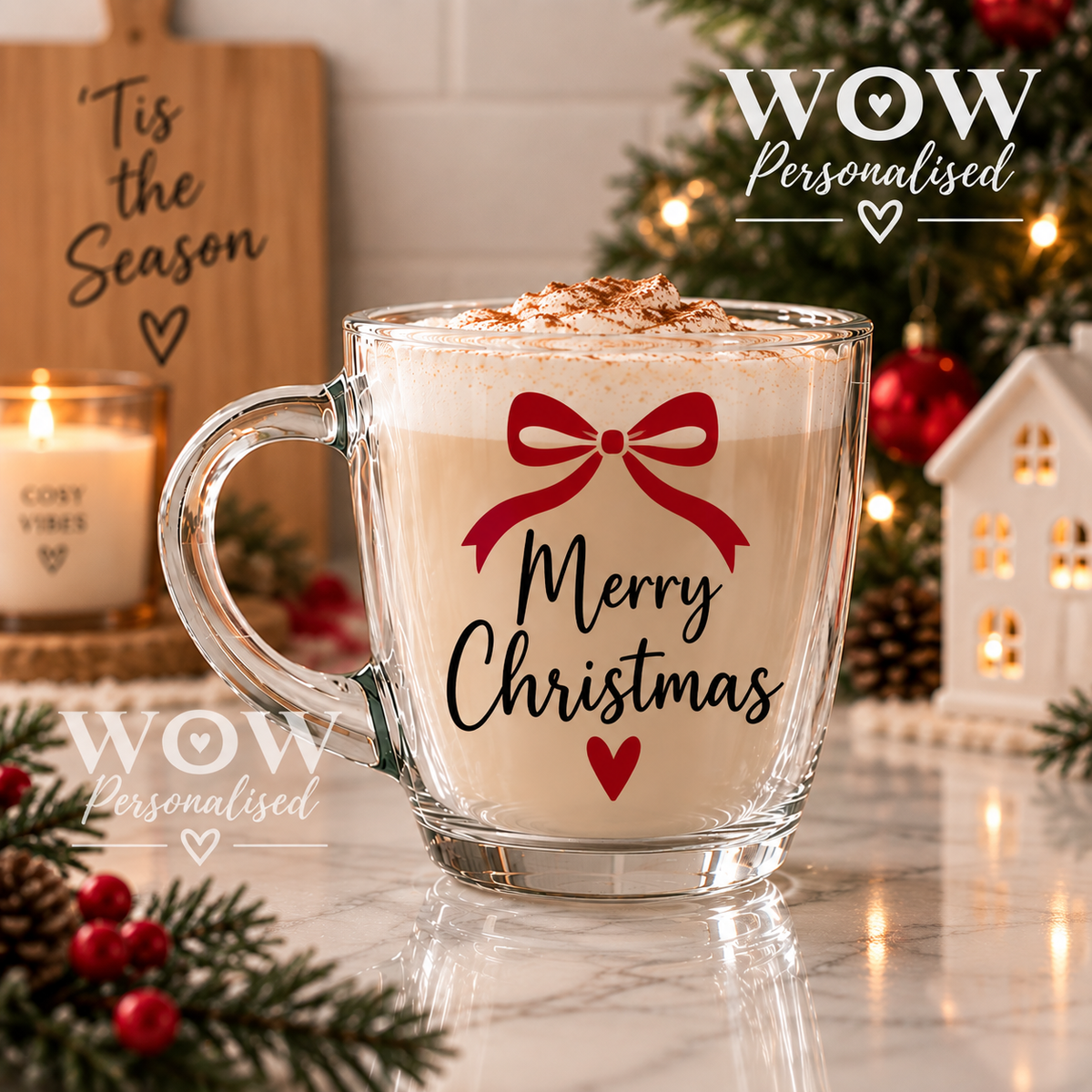 Merry Christmas Glass Mug | Festive Cappuccino & Coffee Cup