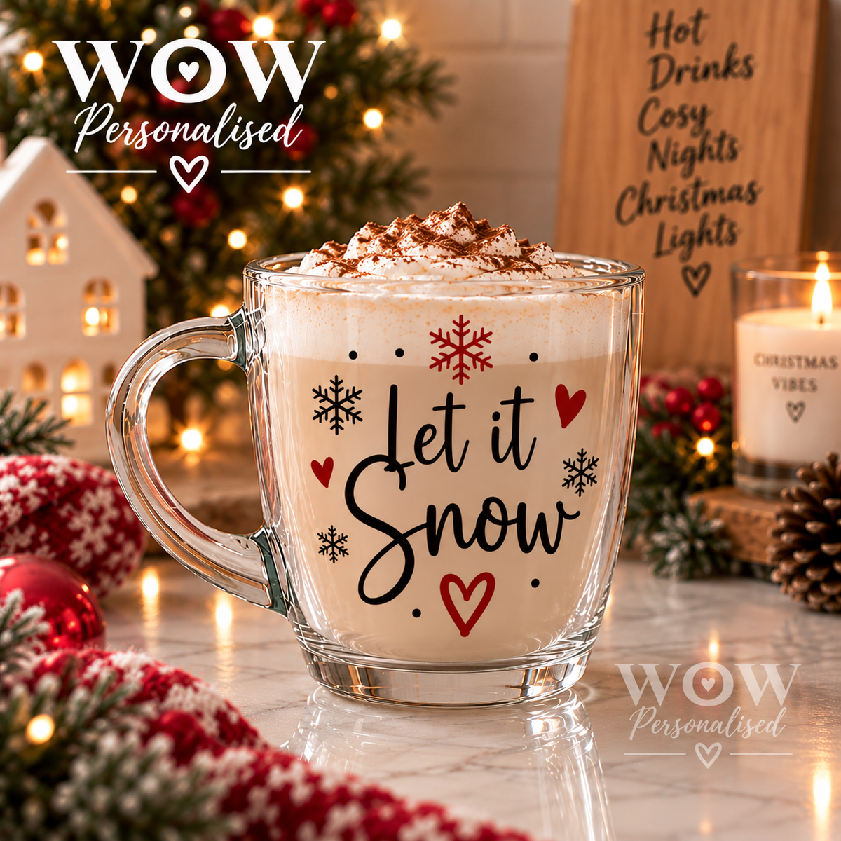 Let It Snow Glass Mug | Christmas Cappuccino & Coffee Cup