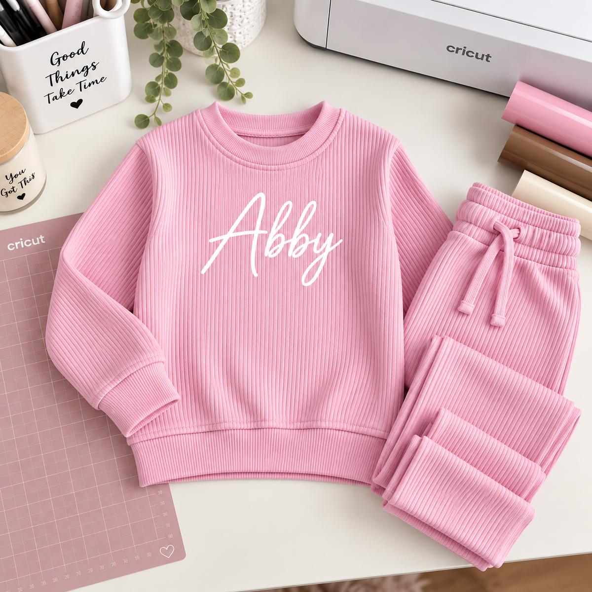 Personalised Kids Ribbed Lounge Set β Custom Name Two Piece Outfit