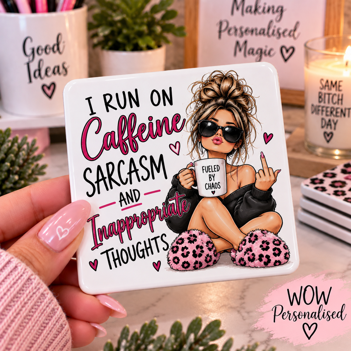 Caffeine Sarcasm & Inappropriate Thoughts Coaster | Rude Funny Gift | WOW Personalised