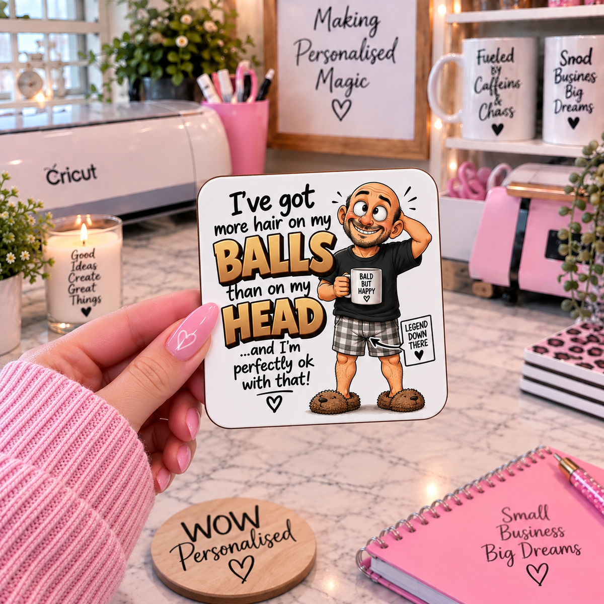 More Hair on My Balls Than My Head Coaster | Funny Bald Man Gift | Rude Coaster