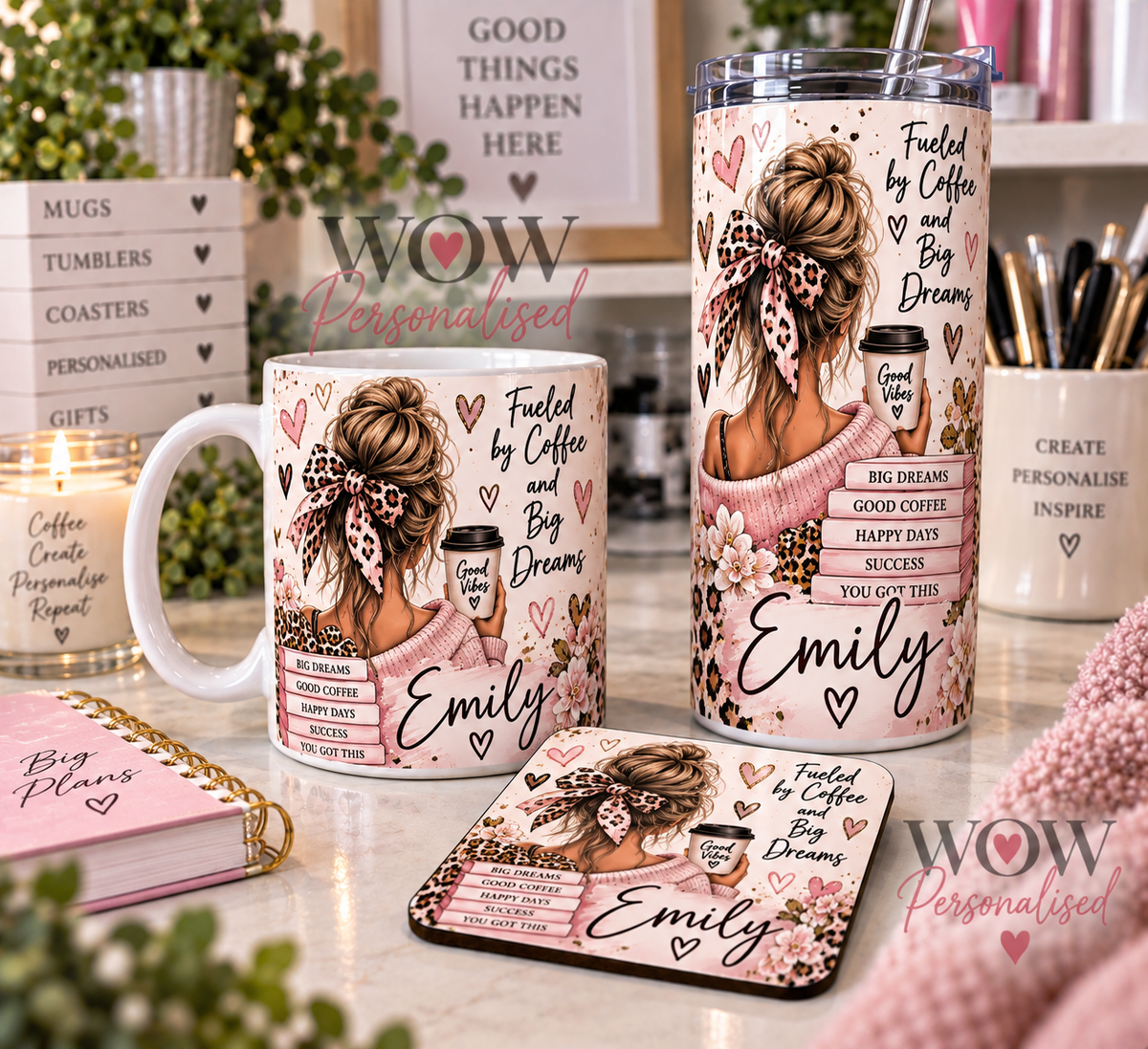 Personalised Mug, Coaster & 20oz Tumbler Trio Gift Set | Any Name
