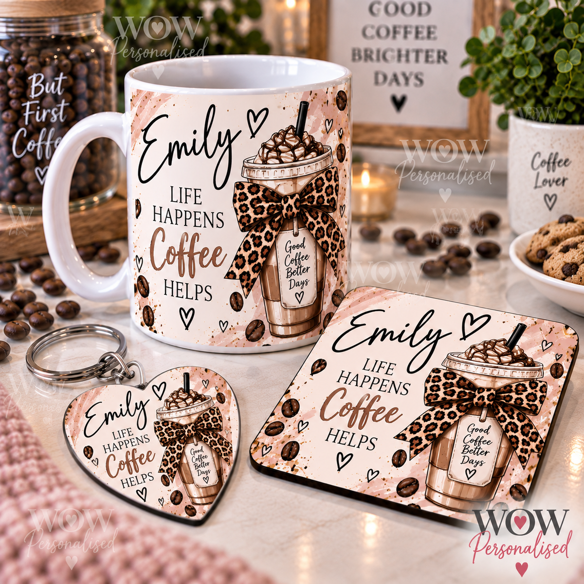 Personalised Coffee Lover Gift Set | Mug, Coaster & Heart Keyring