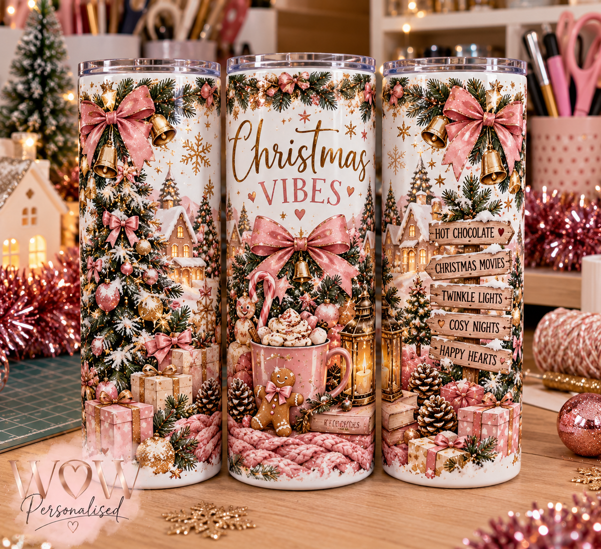 Aesthetic Christmas Vibes 20oz Skinny Tumbler | Pink Christmas Tumbler