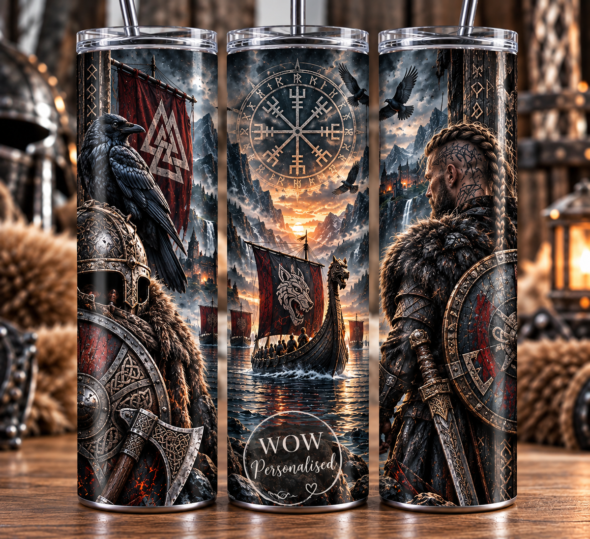 Viking Norse Warrior 20oz Skinny Tumbler | Raven & Longship Cup