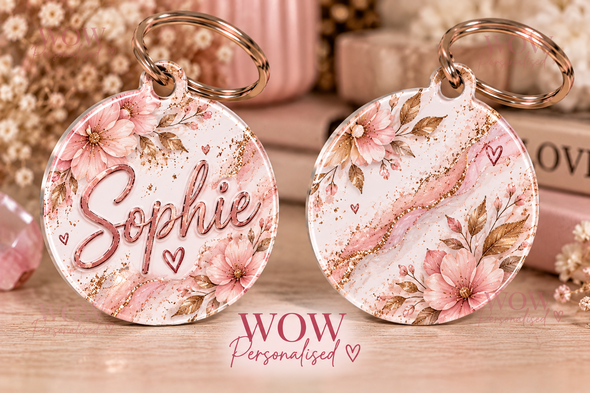 Personalised Pink Floral Name Key Ring | Round Double-Sided Keyring