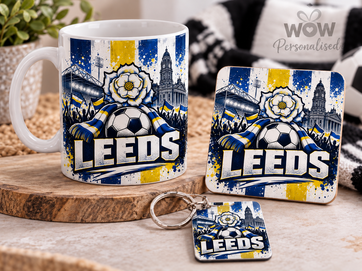 Leeds Football Mug, Coaster & Keyring Gift Set | Leeds Fan Gift