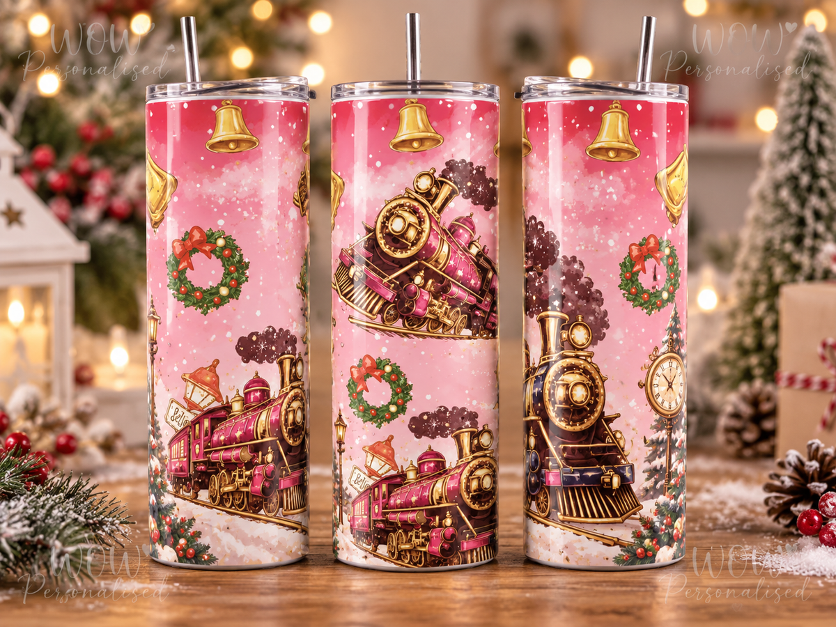 Pink Christmas Train 20oz Skinny Tumbler | Festive Travel Cup