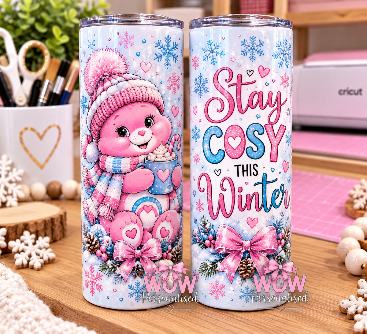 Cute Pink Winter Bear 20oz Skinny Tumbler | Stay Cosy This Winter Travel Cup | Hot Chocolate Gifts