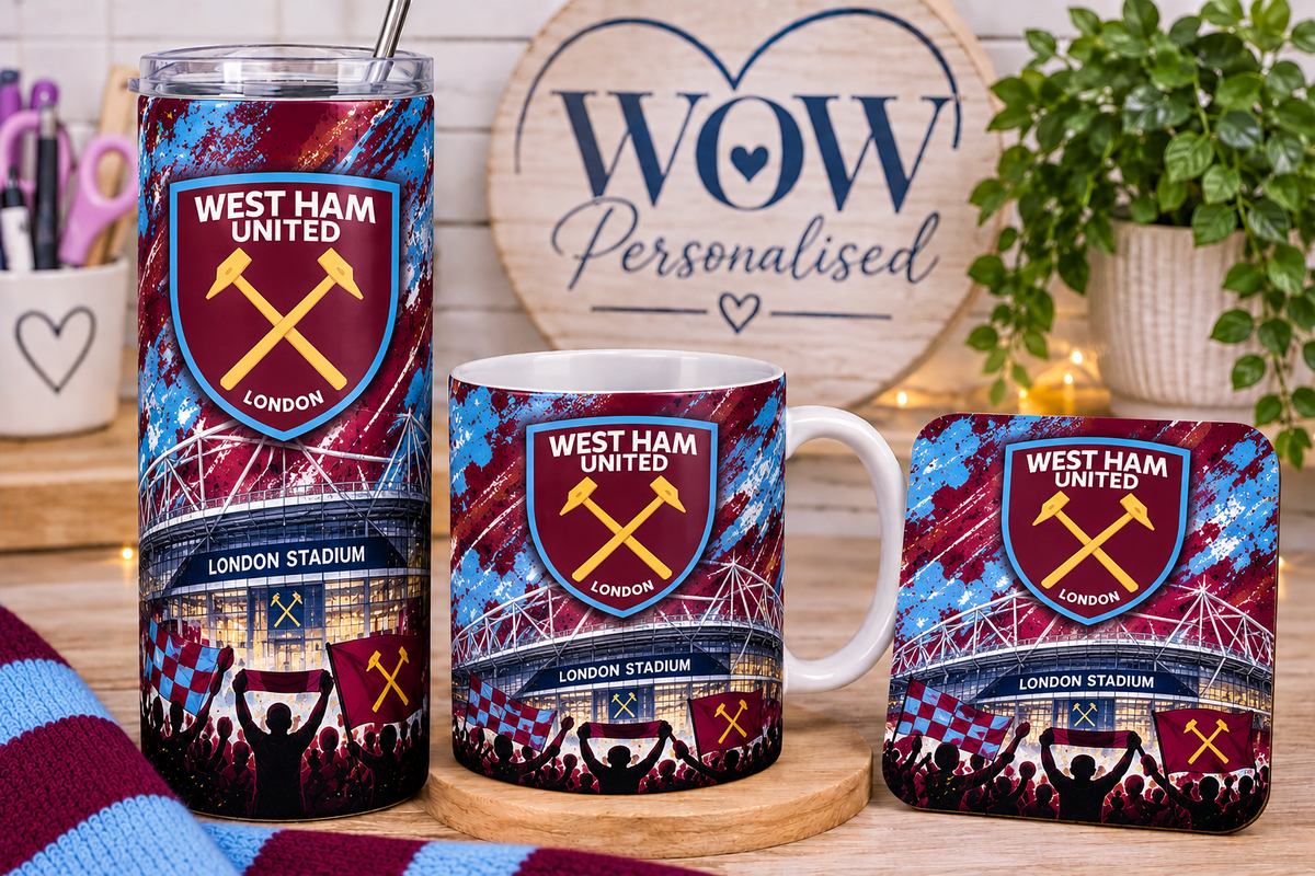 West Ham United FC Football Gift Set | 20oz Skinny Tumbler, Mug & Coaster | Hammers Fan Gifts