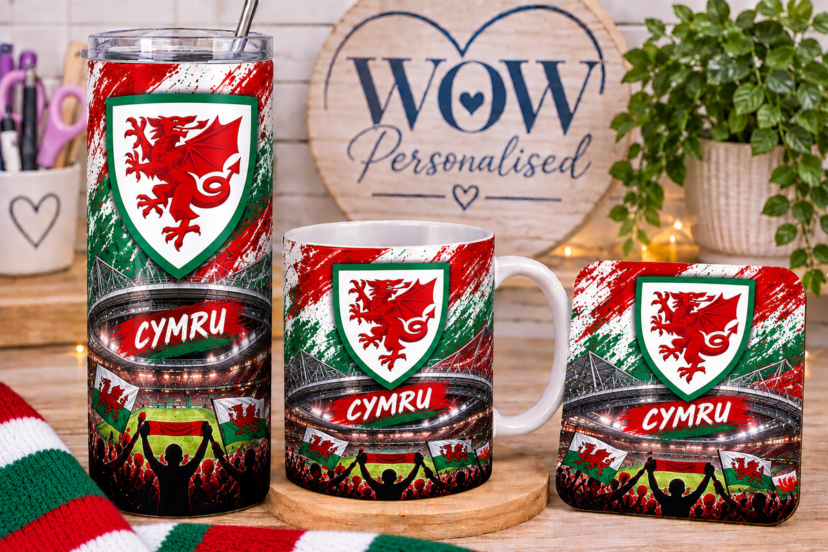 Wales Football Gift Set | Cymru 20oz Skinny Tumbler, Mug & Coaster | Welsh Dragon Gifts