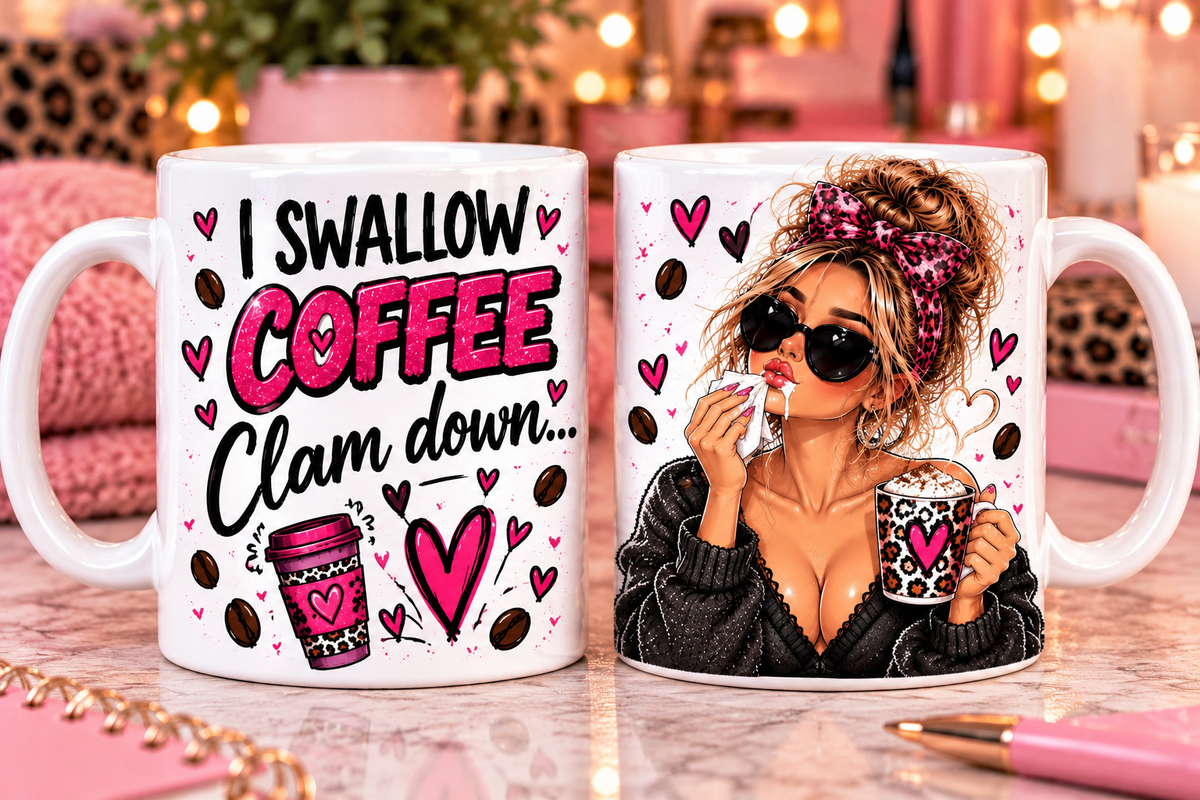 I Swallow Coffee Calm Down Funny Rude Mug | 11oz Cheeky Adult Humour Coffee Cup | Novelty Gift 18+