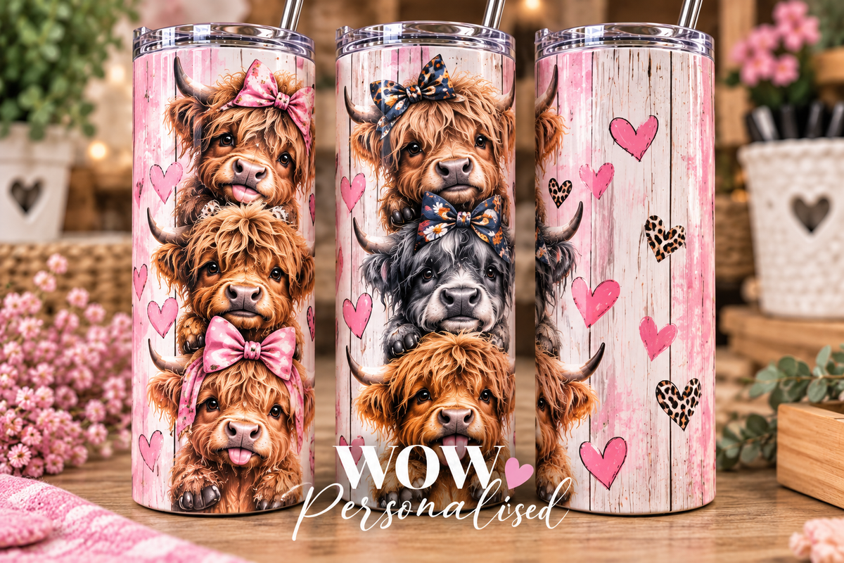 Cute Mini Highland Cow 20oz Skinny Tumbler | Pink Cow Design
