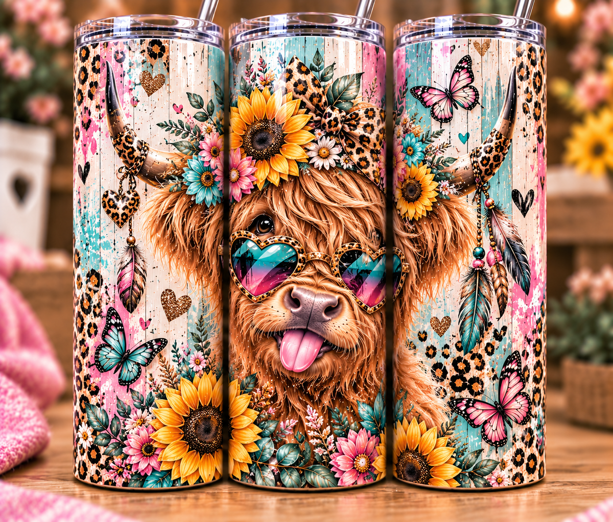 Sassy Highland Cow 20oz Skinny Tumbler | Colourful Boho Cow Cup with Straw