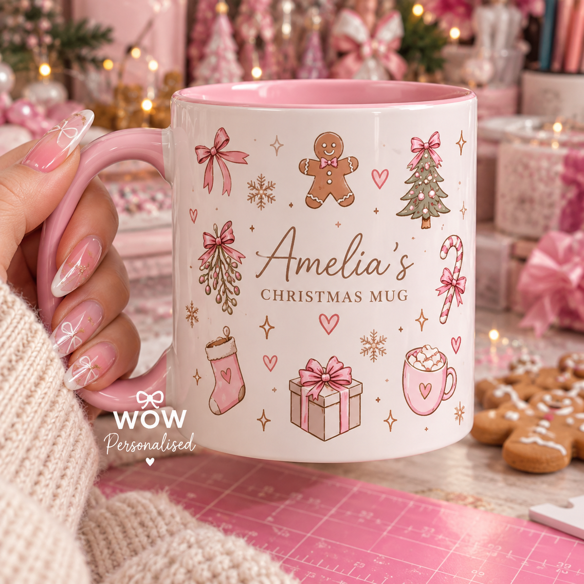Personalised Christmas Mug | Custom Name Pink Festive Mug | Gingerbread Christmas Gift