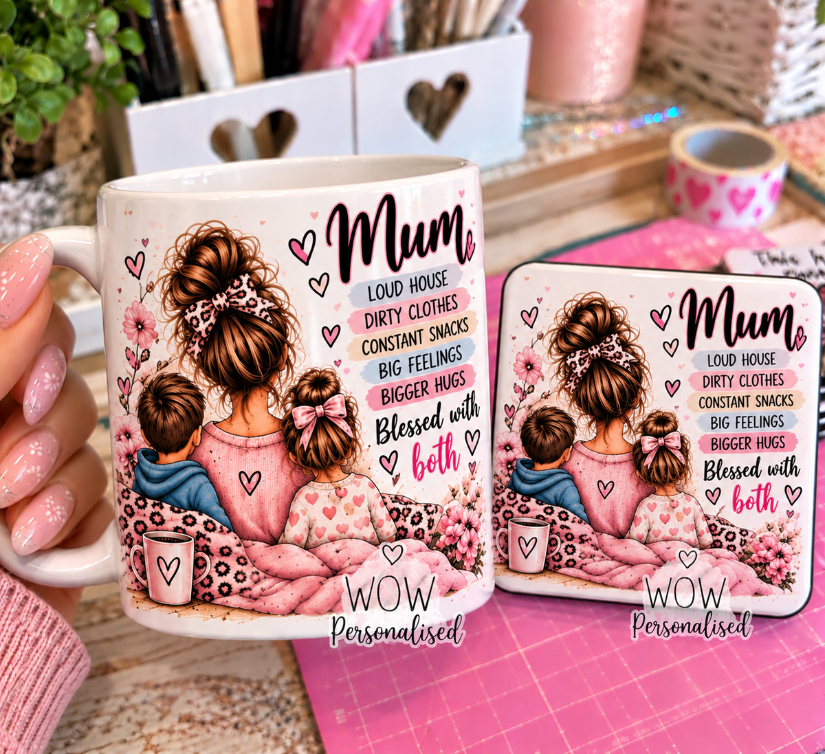 Blessed With Both Boy & Girl Mum Mug and Coaster Set | Mother & Children Gift | Motherโs Day, Birthday Gift | WOW Personalised