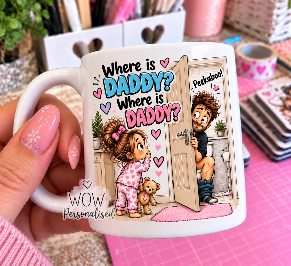 Where Is Daddy? Peekaboo Funny Dad Mug | Little Girl & Daddy Toilet Humour | Funny Fatherโs Day Gift | 11oz White Mug