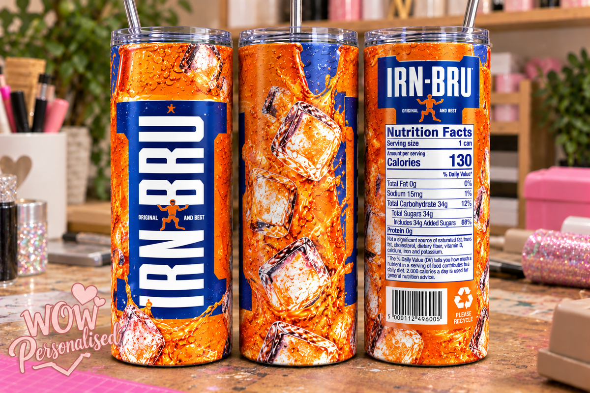 IRN-BRU Inspired 20oz Skinny Tumbler | Orange & Blue Fizzy Drink Design | Insulated Reusable Cup with Straw