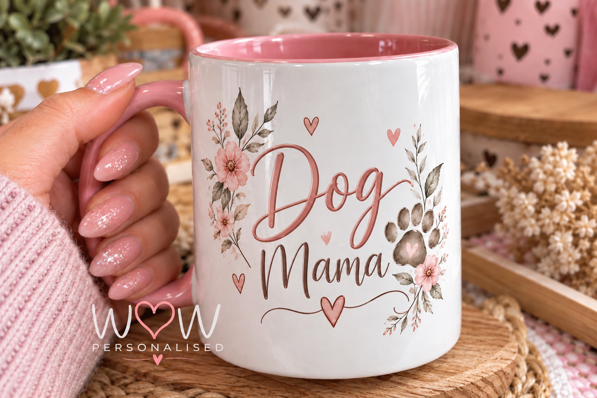 Dog Mama Mug β Cute Pink Floral Paw Print 11oz Mug | Dog Mum Gift