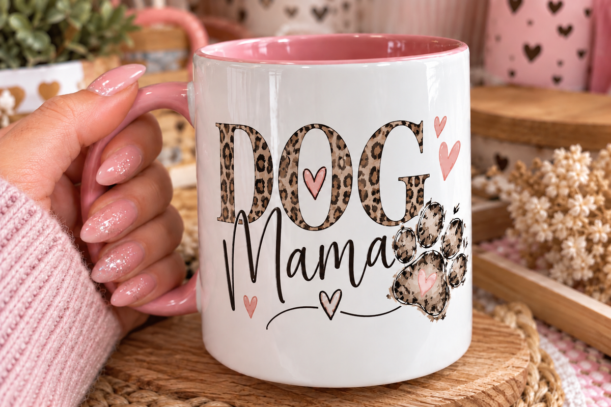 Leopard Print Dog Mama Mug โ Pink Handle Dog Mum Coffee Cup | Cute Paw Print Gift
