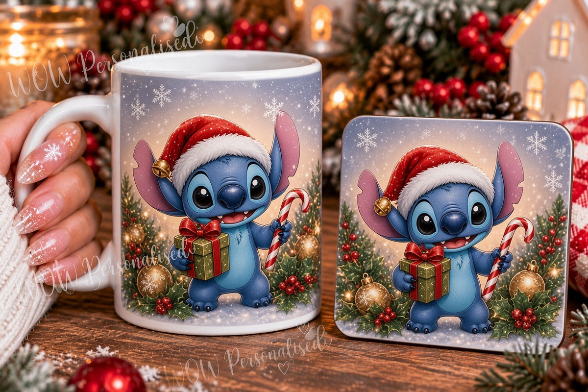 Christmas Blue Alien Mug & Coaster Set | Cute Festive Character with Present & Candy Cane Gift