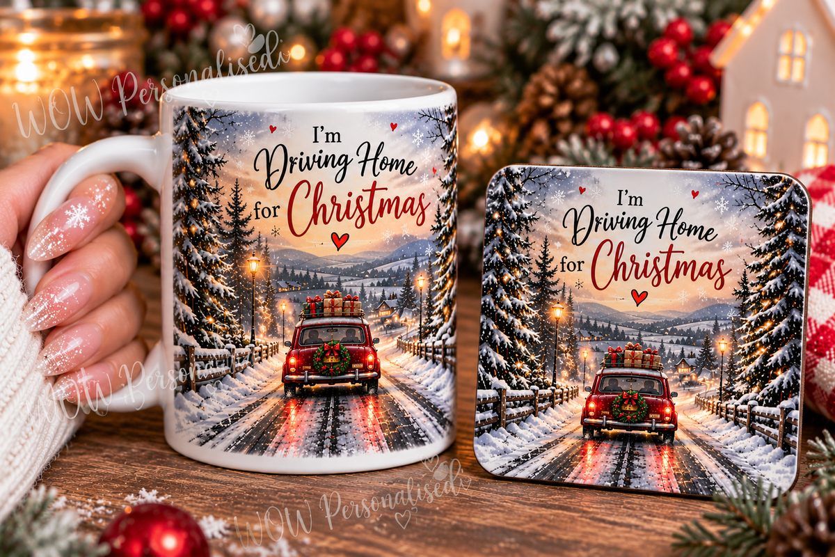 Driving Home for Christmas Mug & Coaster Set | Snowy Winter Scene Festive Christmas Gift