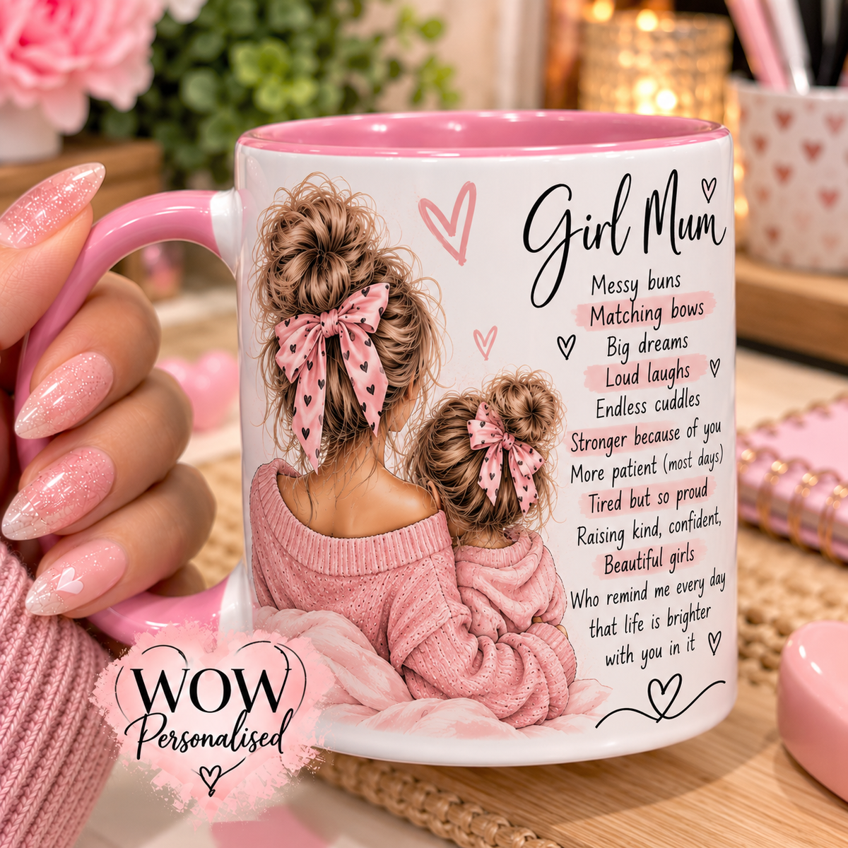 Girl Mum Mug 11oz | Messy Buns & Matching Bows Coffee Cup | Cute Mother’s Day & Birthday Gift for Girl Mums