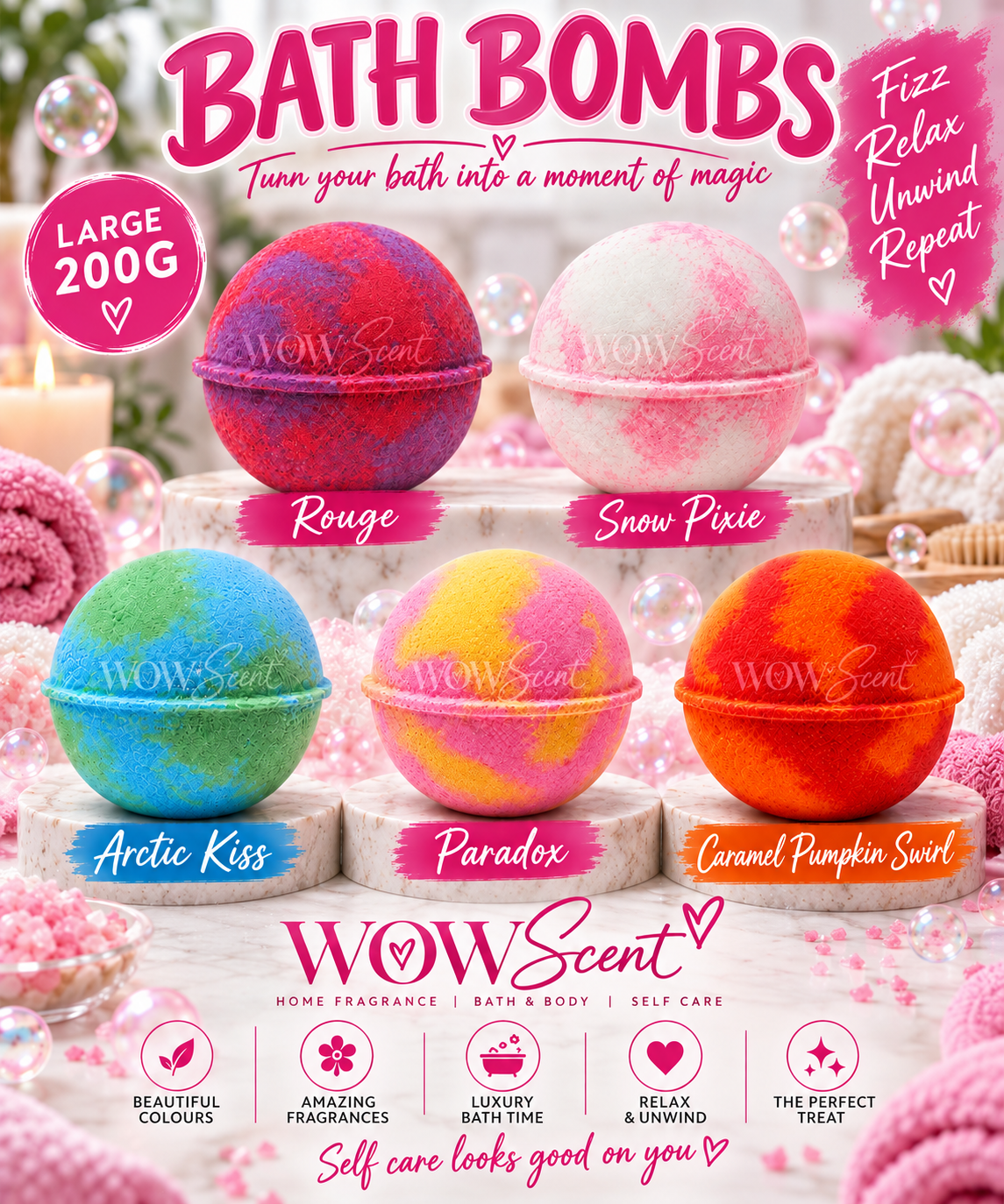 Luxury Bath Bombs | Large 200g Scented Bath Fizzers | WOWscent