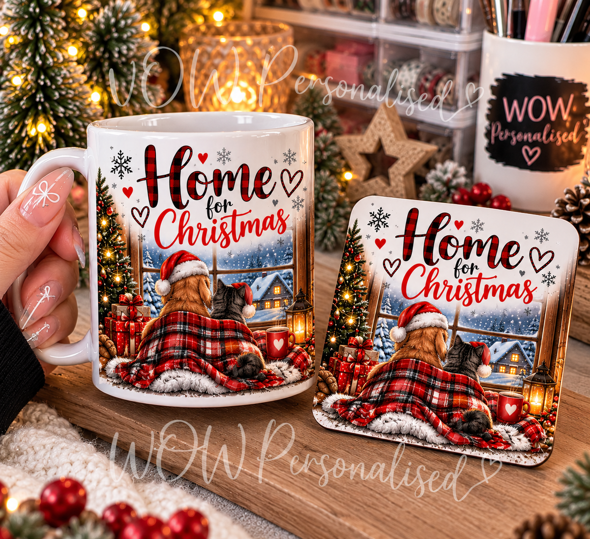 Home for Christmas Cat & Dog Mug and Coaster Set | Festive Pet Lovers Christmas Gift