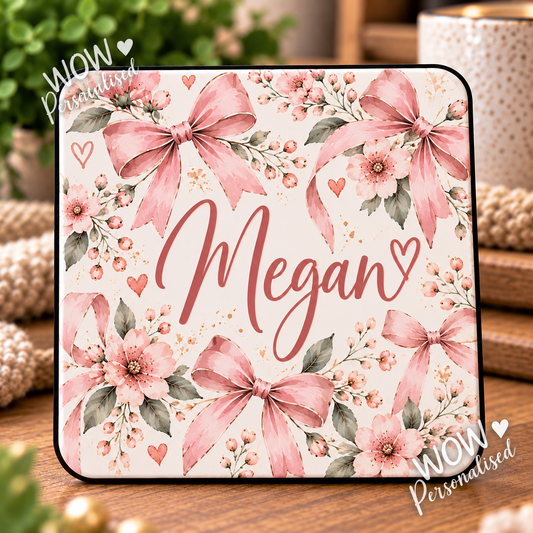Personalised Pink Bow & Floral Coaster | Custom Name Gift