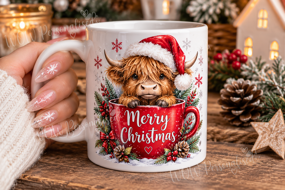 Merry Christmas Highland Cow Mug | Cute Festive 11oz Ceramic Christmas Coffee Cup Gift