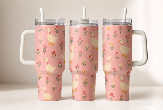 Pink Goose 40oz Tumbler with Handle & Straw | Cottagecore Floral Duck Insulated Travel Cup