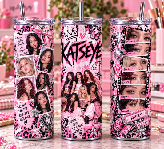 KATSEYE Inspired 20oz Skinny Tumbler | Pink K-Pop Girl Group Cup with Straw | K-Pop Fan Gift