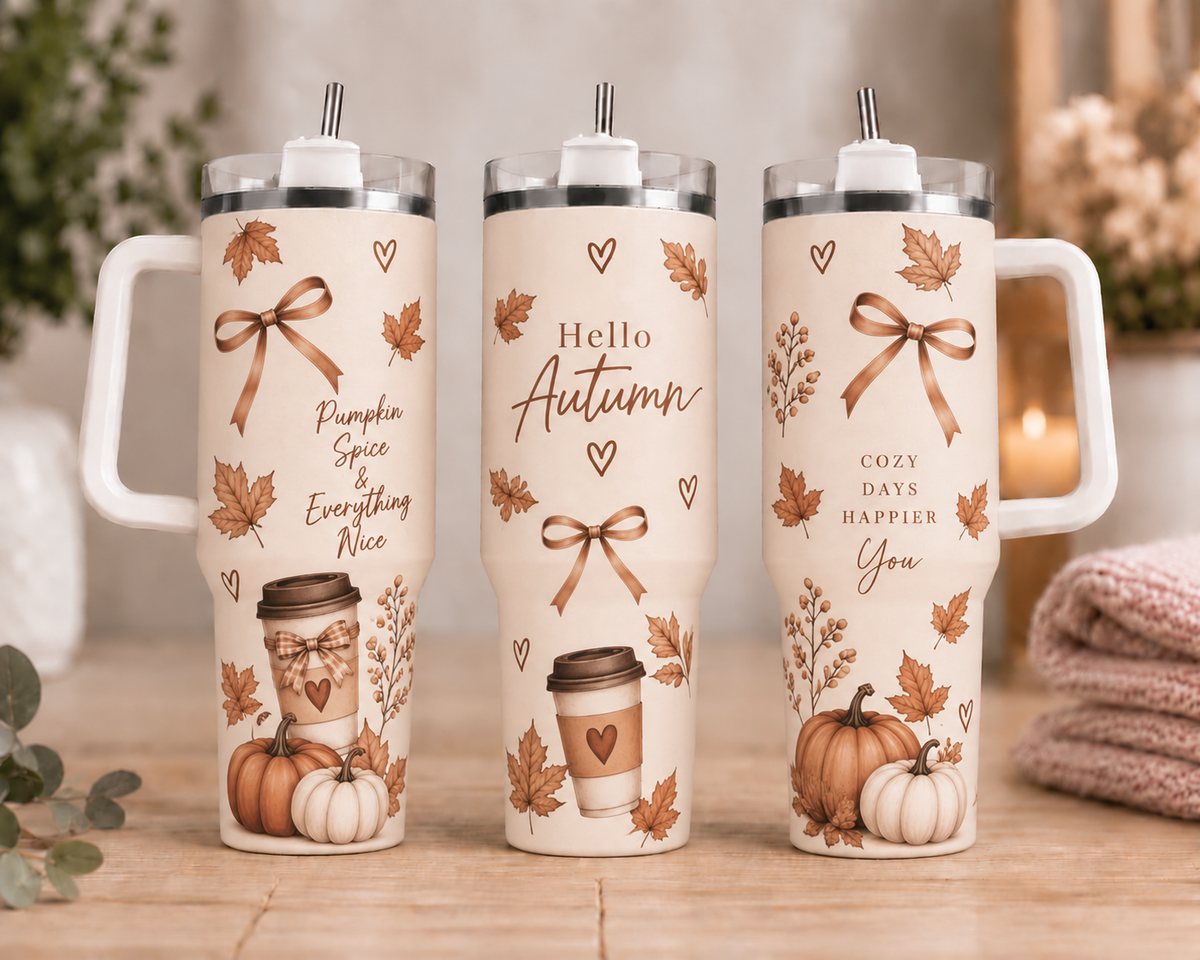 Pumpkin Spice 40oz Autumn Tumbler with Handle & Straw | Coffee Cup
