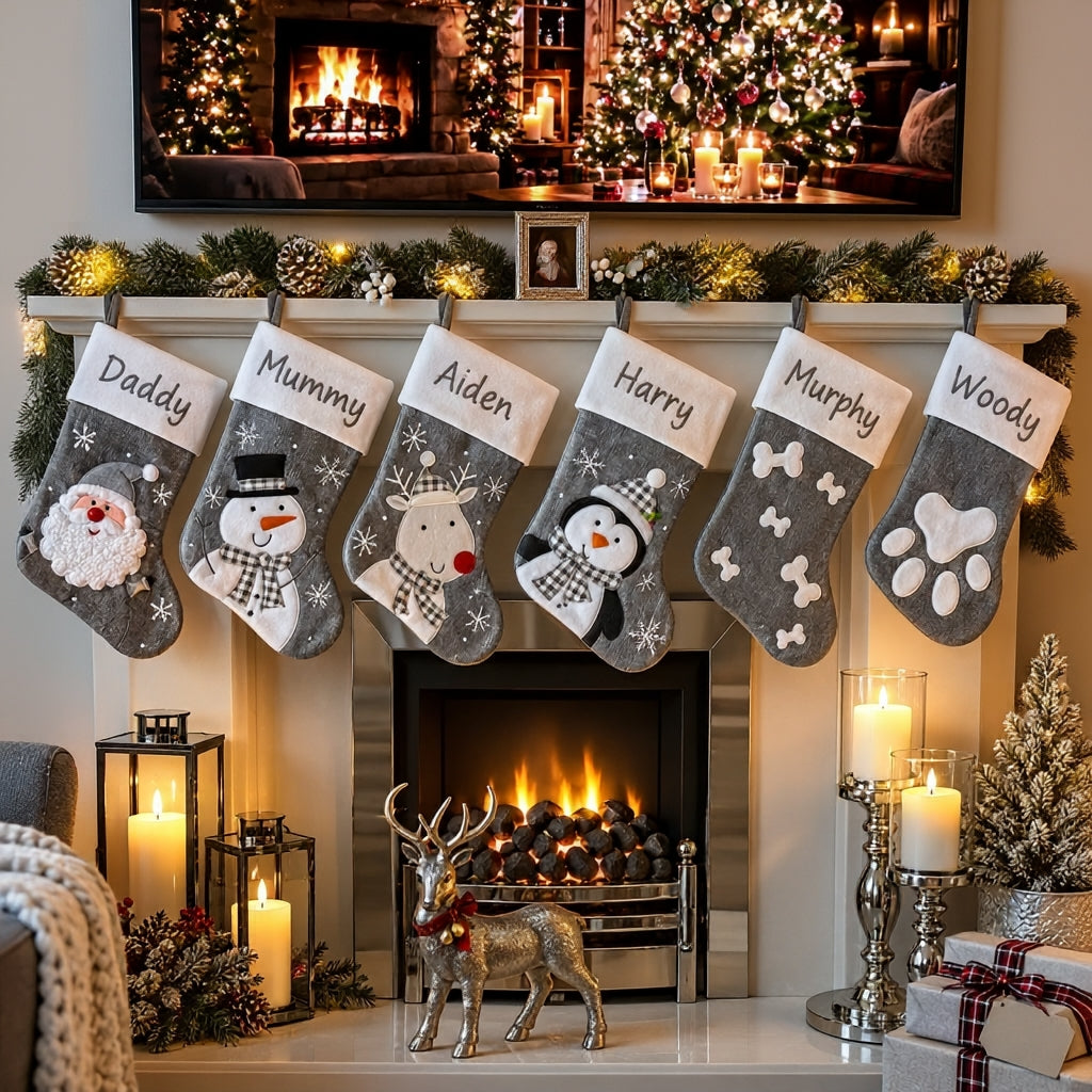 Personalised Christmas Stockings Grey Knitted 6 designs