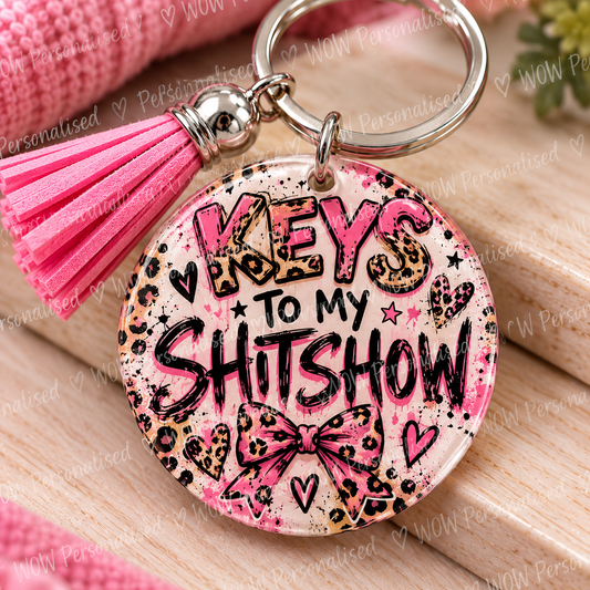 Keys to My Shitshow Keyring | Funny Rude 18+ Novelty Gift | Pink Leopard Print Keyring