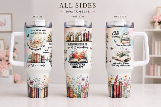 Reading Is My Therapy 40oz Tumbler with Handle & Straw | Book Lover Insulated Travel Mug | Reading Gift