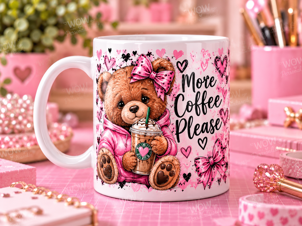 More Coffee Please 11oz Mug | Cute Pink Teddy Bear Coffee Cup | Girly Aesthetic Mug | Coffee Lover Gift