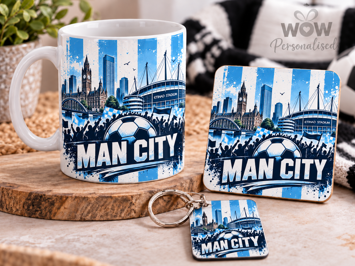 Man City Football Fan Gift Set – Mug, Coaster & Keyring