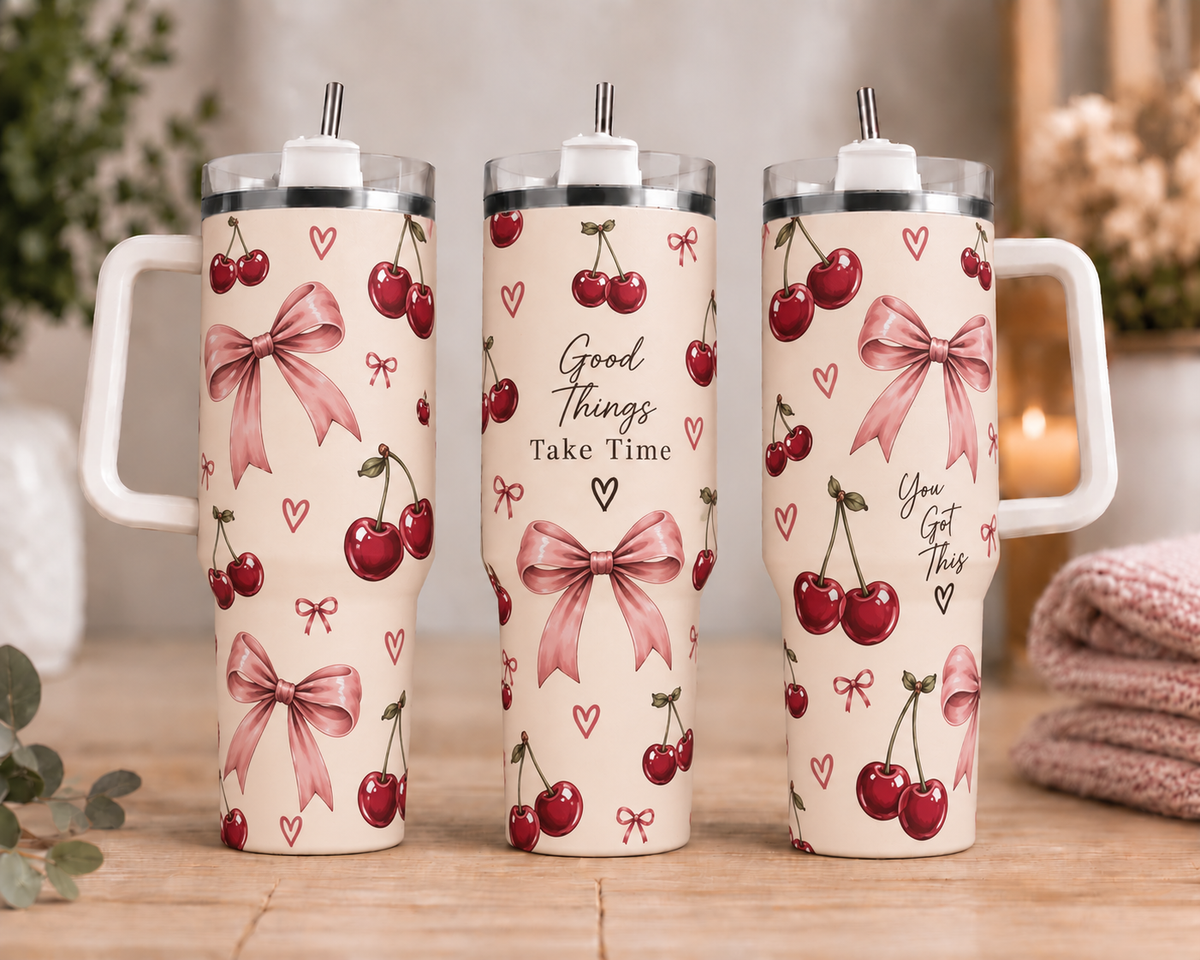 Cherry & Bow 40oz Tumbler with Handle & Straw | Girly Cup